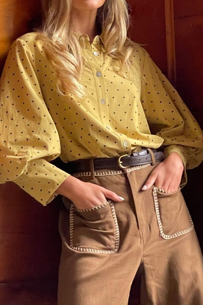 lightweight button down blouse in mustard yellow with black polka dots