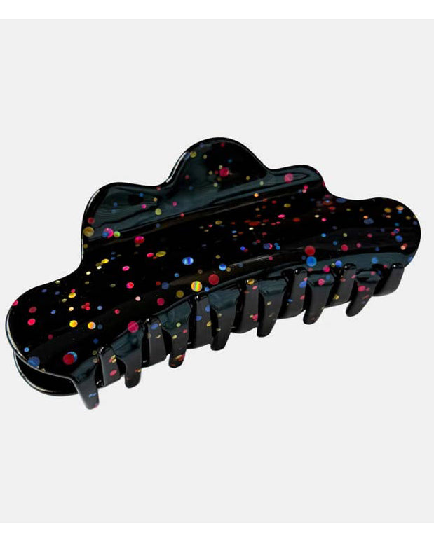 large black hair claw with colorful rainbow confetti glitter