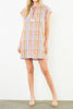 shift dress in a summery plaid pattern with ruffled neckline and tie detail