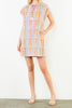 shift dress in a summery plaid pattern with ruffled neckline and tie detail