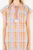 shift dress in a summery plaid pattern with ruffled neckline and tie detail