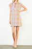 shift dress in a summery plaid pattern with ruffled neckline and tie detail
