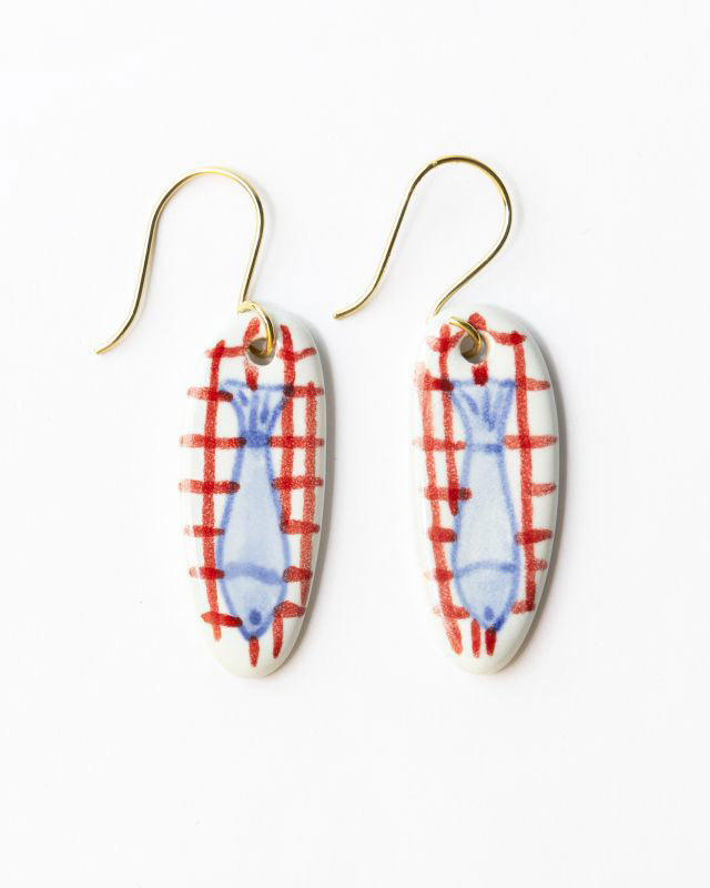 Danielle Ceramic Earrings red plaid and blue fish 
