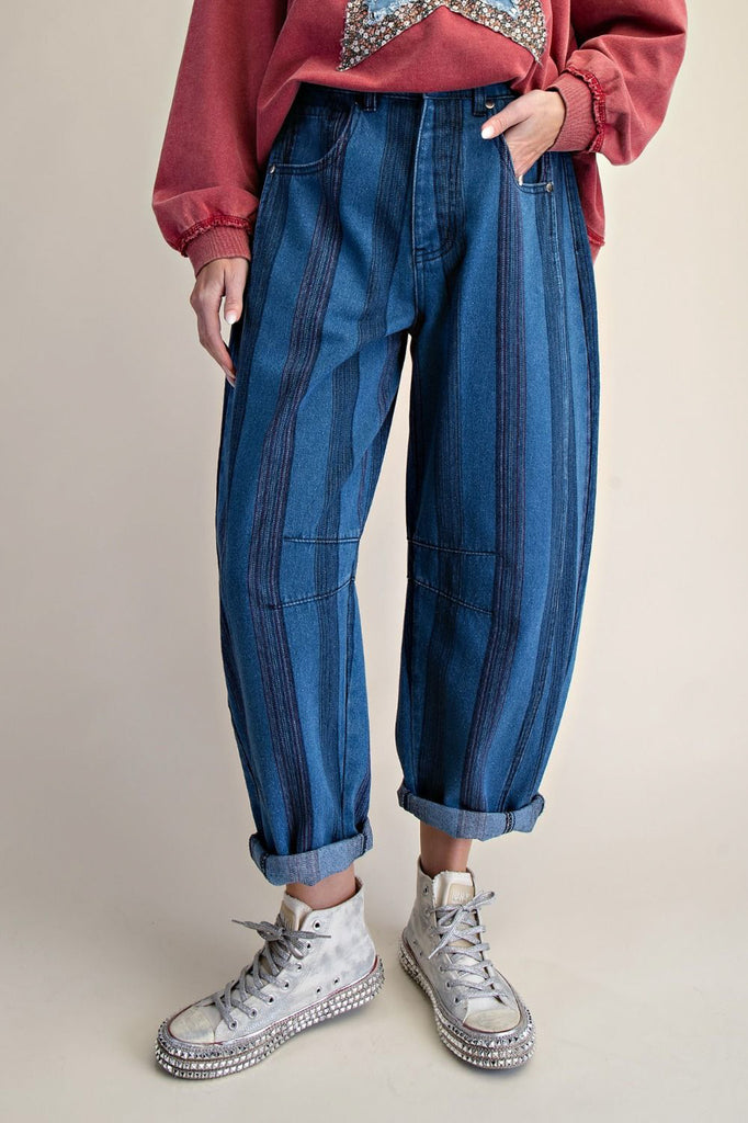 barreled trouser jeans in two-tone denim blue stripes