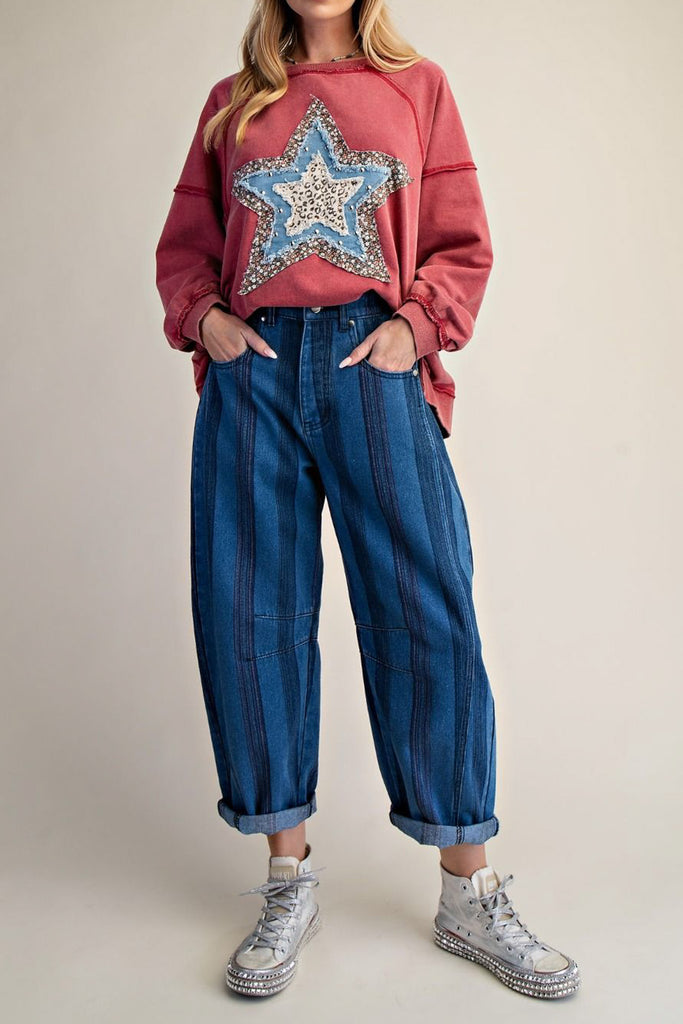 barreled trouser jeans in two-tone denim blue stripes