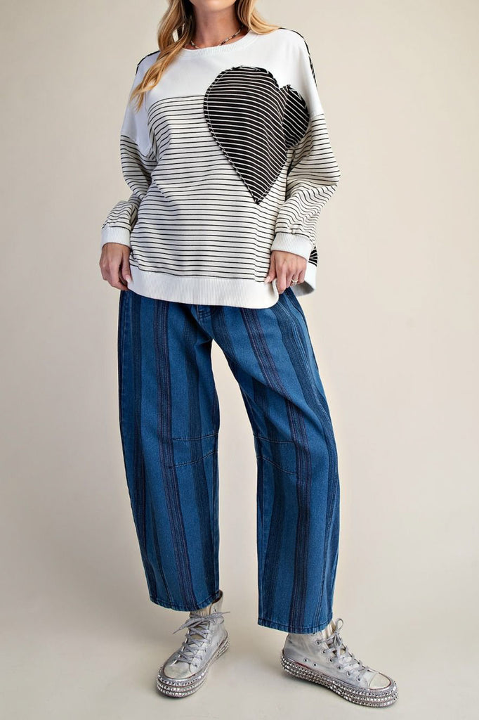 barreled trouser jeans in two-tone denim blue stripes