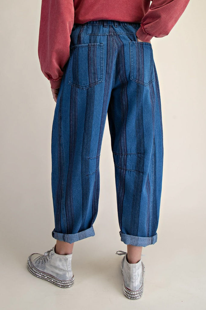 barreled trouser jeans in two-tone denim blue stripes