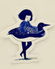 A die-cut sticker featuring a dark blue illustration of a girl in a loon costume 