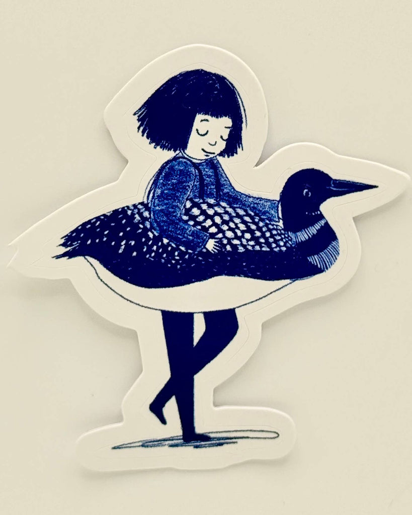 A die-cut sticker featuring a dark blue illustration of a girl in a loon costume 