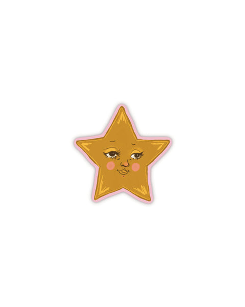 durable matte vinyl sticker in the shape of a star with a cheeky smile