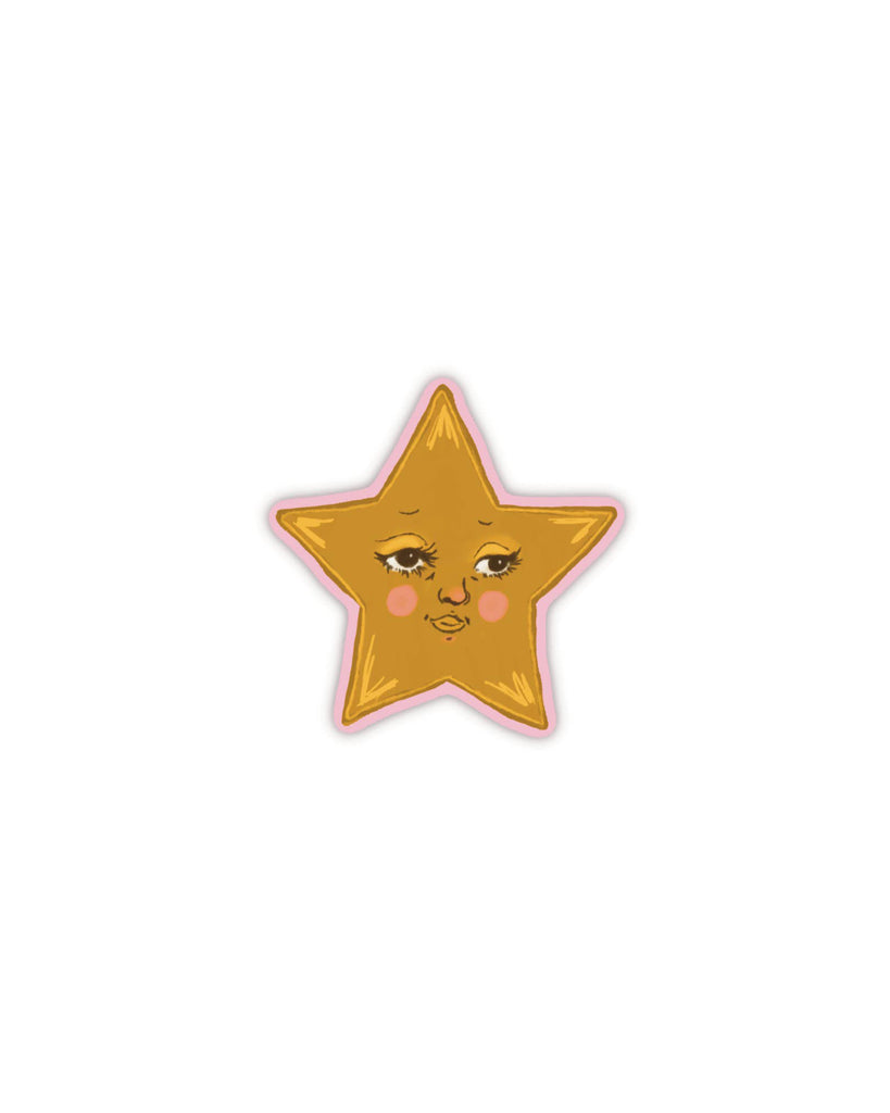 durable matte vinyl sticker in the shape of a star with a cheeky smile