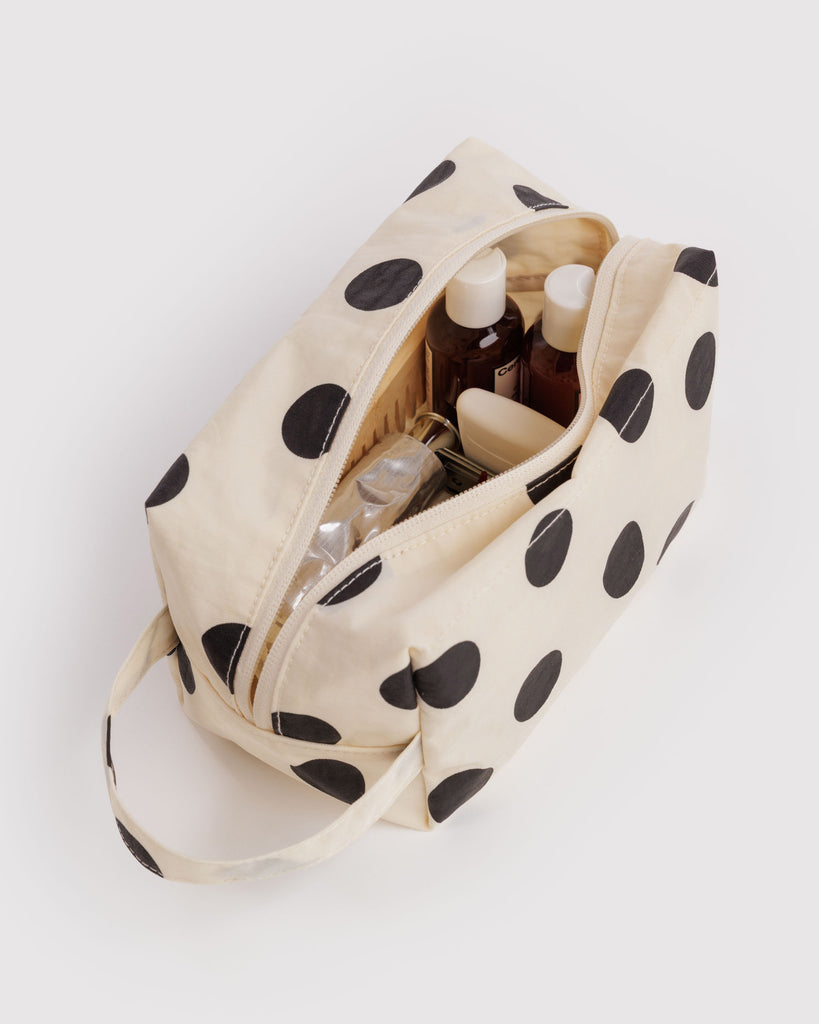 dopp kit in cream with black polka dots
