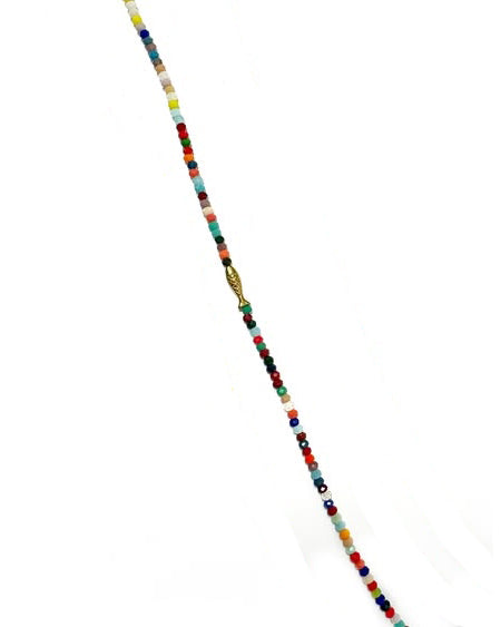 dainty beaded necklace with colorful faceted beads and metallic fish bead 