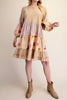 washed yellow jersey dress with floral print details and a tiered skirt