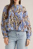 floral bubble top in dusty  blue, cream, and brown