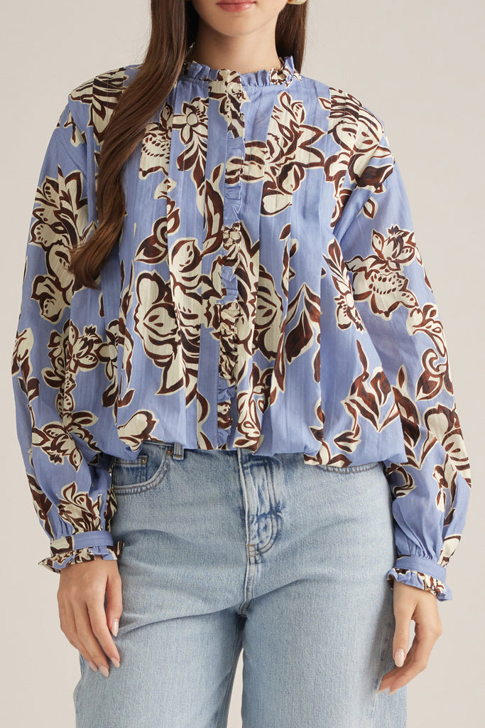 floral bubble top in dusty  blue, cream, and brown