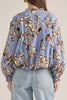 floral bubble top in dusty  blue, cream, and brown