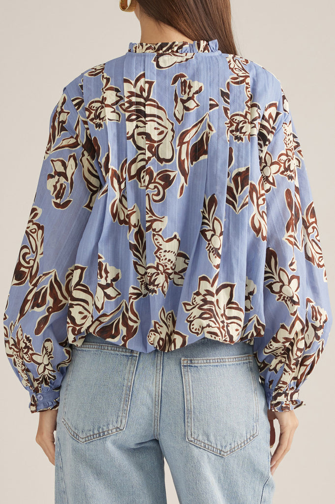 floral bubble top in dusty  blue, cream, and brown