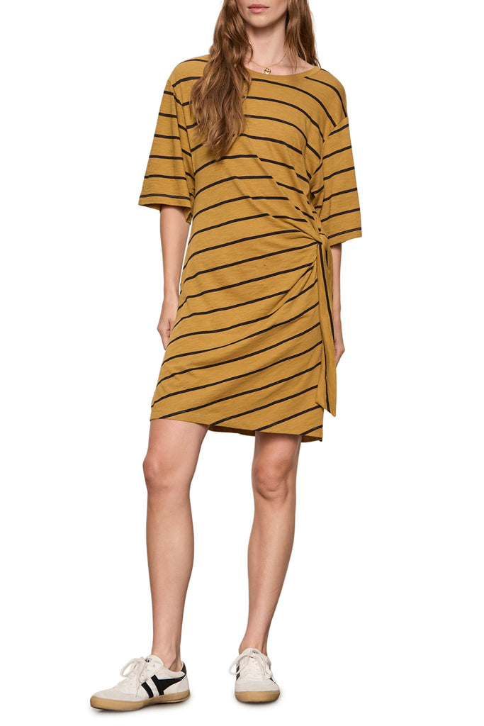 knit dress in ochre and black stripes with waist tie detail