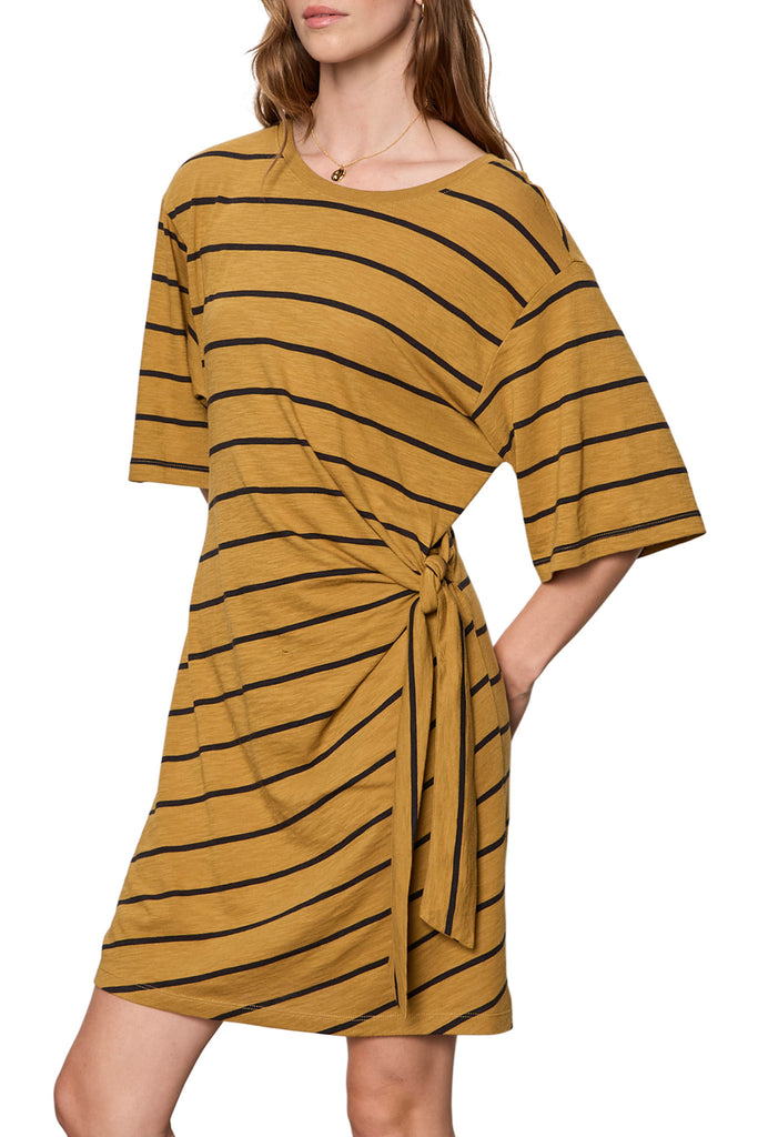 knit dress in ochre and black stripes with waist tie detail