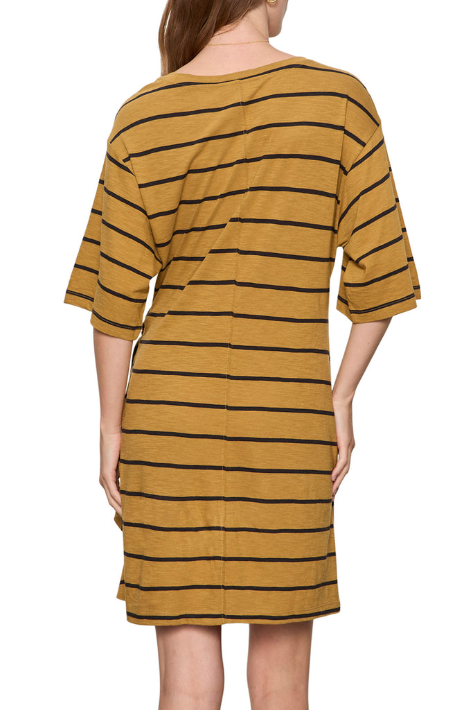 knit dress in ochre and black stripes with waist tie detail