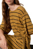 knit dress in ochre and black stripes with waist tie detail