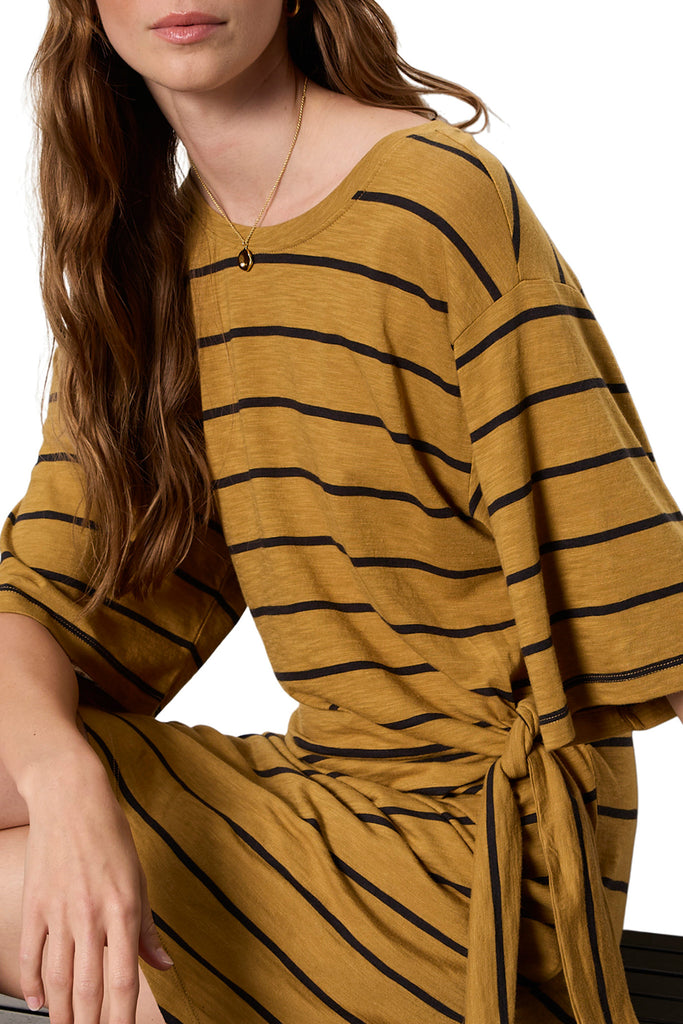 knit dress in ochre and black stripes with waist tie detail