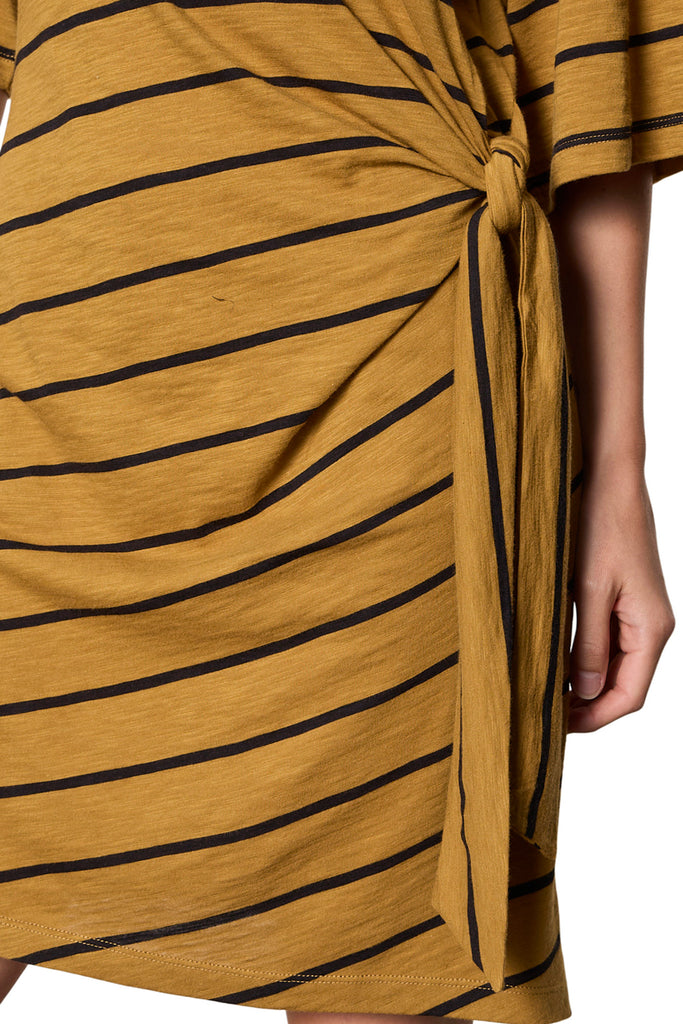 knit dress in ochre and black stripes with waist tie detail