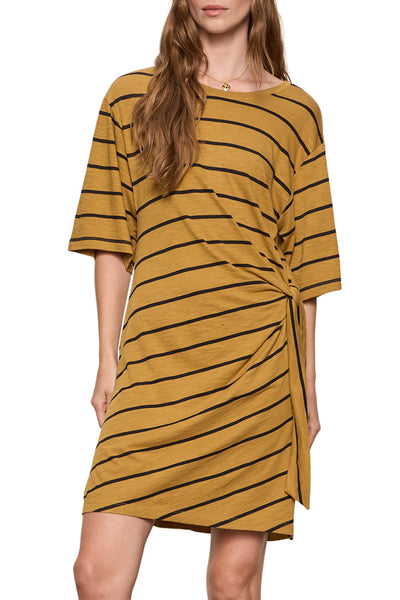 knit dress in ochre and black stripes with waist tie detail