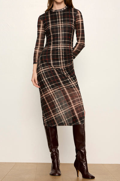 form-fitting mesh midi dress in a charcoal grey plaid pattern