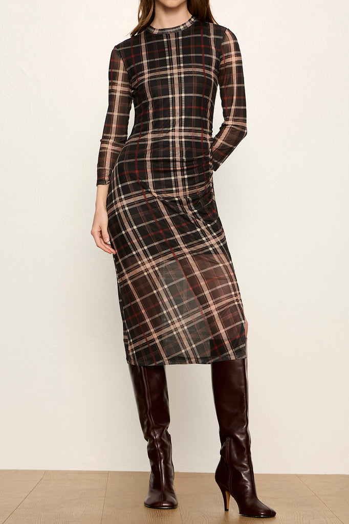 form-fitting mesh midi dress in a charcoal grey plaid pattern