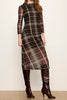 form-fitting mesh midi dress in a charcoal grey plaid pattern