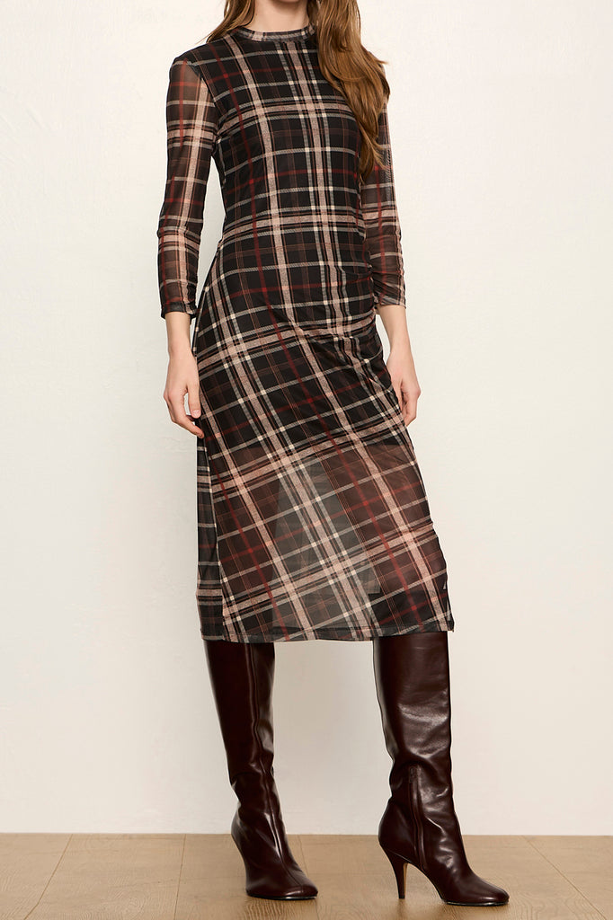 form-fitting mesh midi dress in a charcoal grey plaid pattern