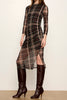 form-fitting mesh midi dress in a charcoal grey plaid pattern