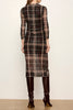 form-fitting mesh midi dress in a charcoal grey plaid pattern