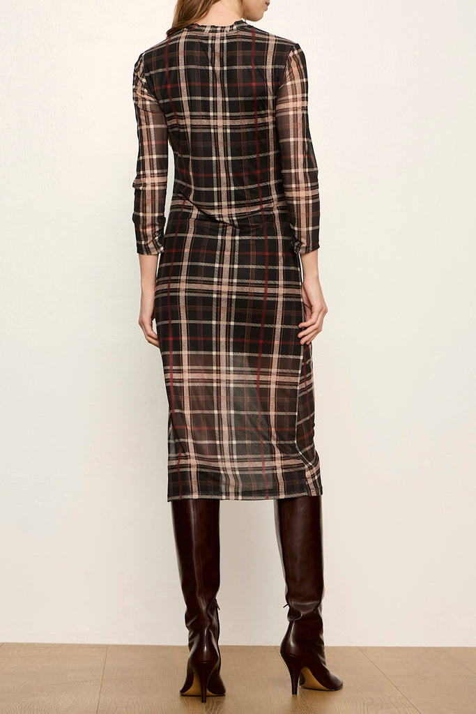 form-fitting mesh midi dress in a charcoal grey plaid pattern