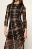 form-fitting mesh midi dress in a charcoal grey plaid pattern