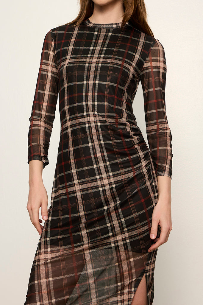 form-fitting mesh midi dress in a charcoal grey plaid pattern