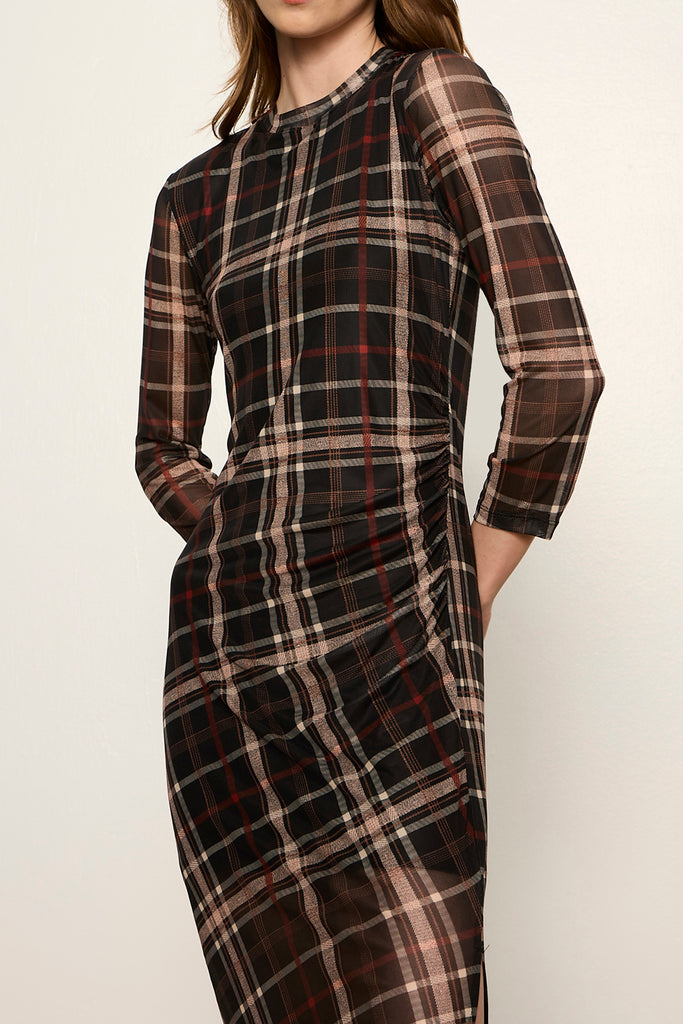 form-fitting mesh midi dress in a charcoal grey plaid pattern