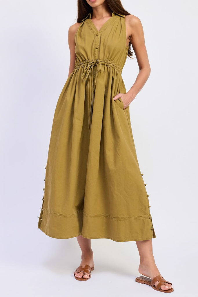 midi dress in muted olive green twill 