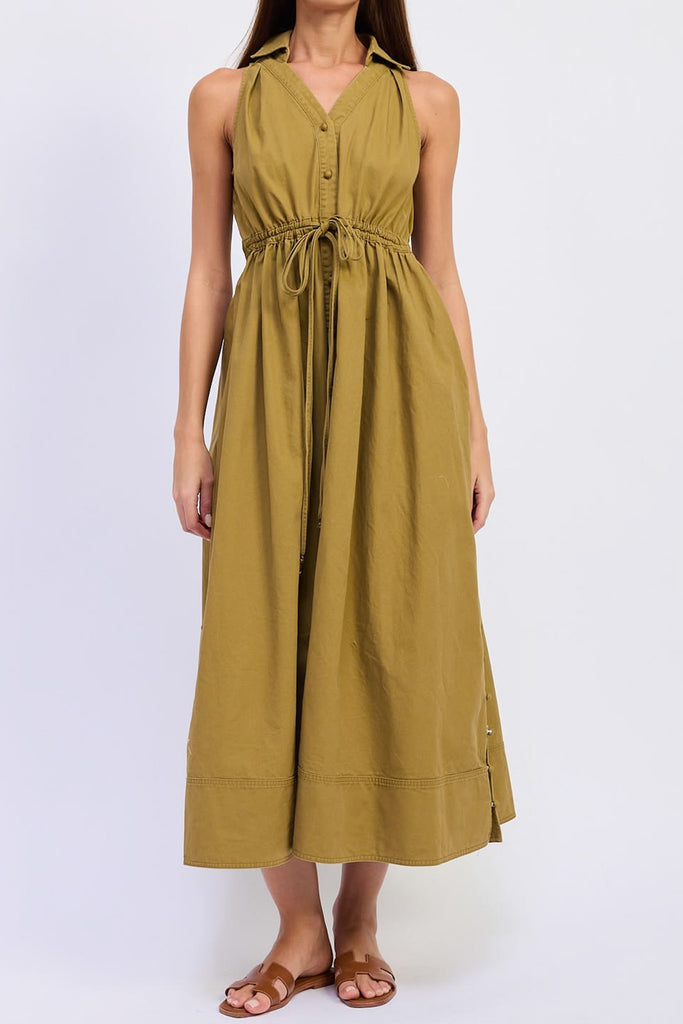 midi dress in muted olive green twill 