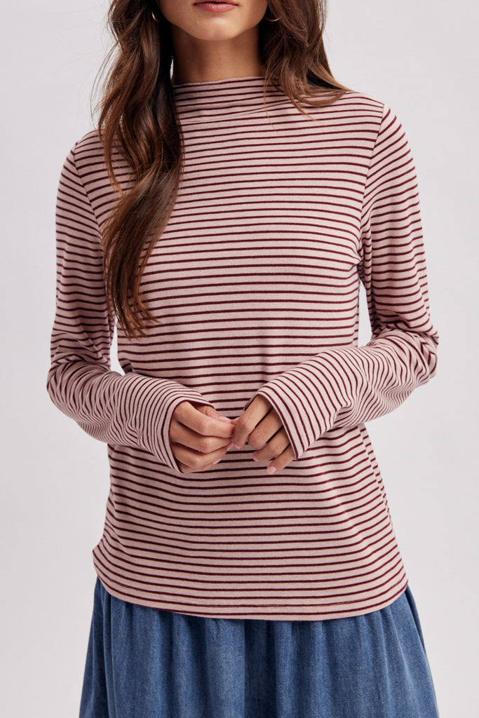 mock neck long sleeve top in mauve and maroon stripes