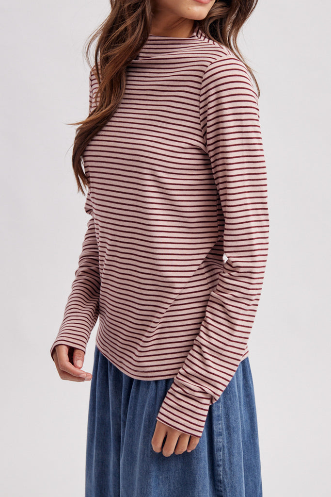 mock neck long sleeve top in mauve and maroon stripes