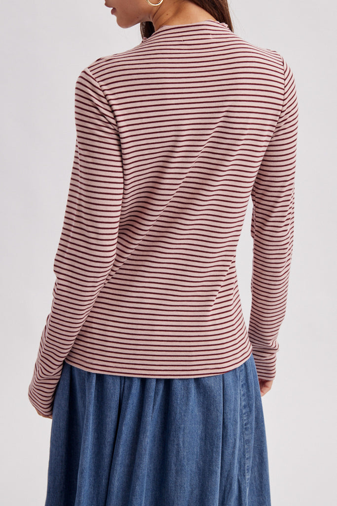mock neck long sleeve top in mauve and maroon stripes