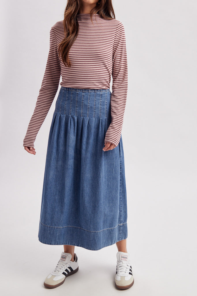 mock neck long sleeve top in mauve and maroon stripes