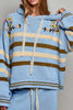 ultra soft chenille hoodie in sky blue with cream and brown stripes and special sewn floral details.