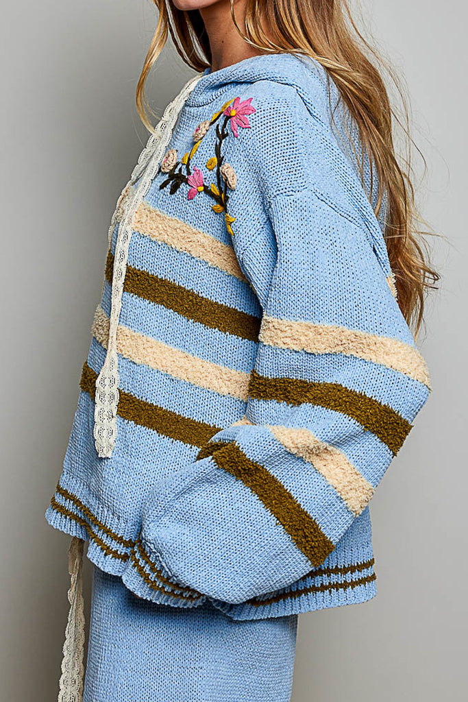 ultra soft chenille hoodie in sky blue with cream and brown stripes and special sewn floral details.