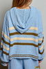 ultra soft chenille hoodie in sky blue with cream and brown stripes and special sewn floral details.