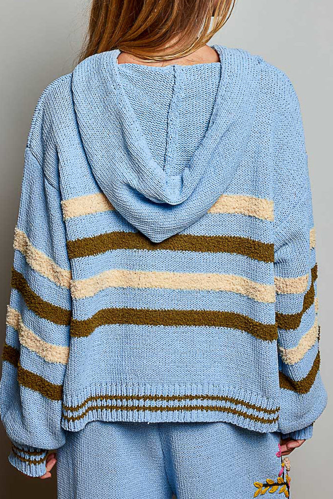ultra soft chenille hoodie in sky blue with cream and brown stripes and special sewn floral details.
