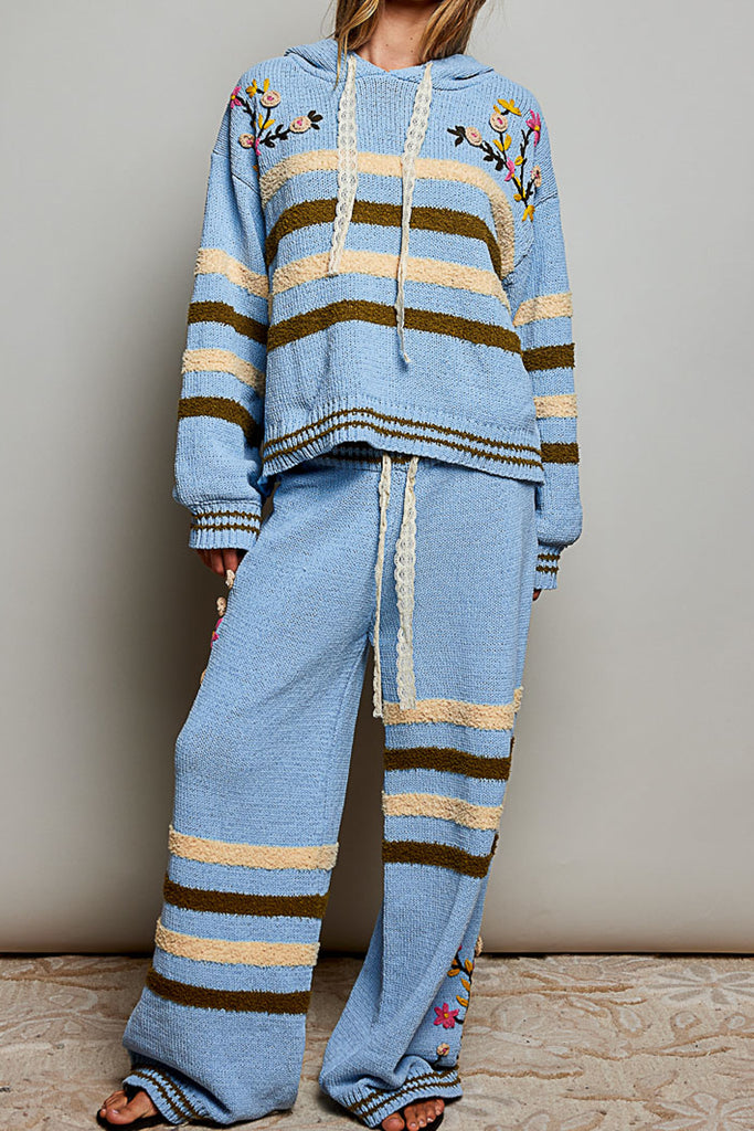 ultra soft chenille hoodie in sky blue with cream and brown stripes and special sewn floral details.